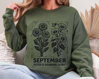 September birth month flower sweatshirt, Mom birthday gift, Block printing, linocut style floral design