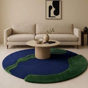 Tapis rond abstrait vagues bleu-vert – Décoration de salon moderne tuftée à la main