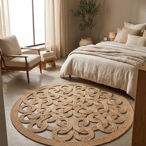 May include: A circular jute rug in a natural hue, featuring a detailed looped pattern. The rug is positioned on a light floor in a bedroom, harmonising with the room's neutral palette. The rug's texture introduces warmth and visual appeal to the area.