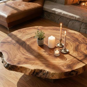 Peut inclure: Une grande table basse ronde en bois avec un bord naturel. La table est ornée de bougies allumées de différentes tailles, d'une petite plante en pot et d'un photophore en verre. La table est posée sur un parquet, avec un pouf en cuir et une cheminée en arrière-plan.