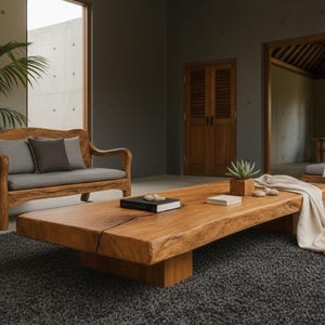 Puede incluir: Escena de salón con una gran mesa de centro de madera natural. A la izquierda hay un sofá de madera con cojines y almohadas grises. Una alfombra gris cubre el suelo y una manta blanca está sobre la mesa. La mesa mide unos 200 cm de largo.