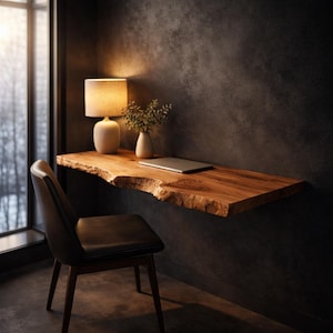 以下が含まれることがあります： 暗い壁に取り付けられた、自然なエッジの木製デスク。ベージュのランプ、小さな白い花瓶と緑、ラップトップがデスクに置かれています。黒い革張りの椅子が前にあります。背景には窓があります。