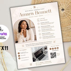 May include: A business consultant flyer template measuring 8.5 inches by 11 inches. The document features the name Amara Bennett, a photo of a professional, a list of services including business strategy and brand development, contact details, a laptop image, and a QR code. The design uses a neutral color palette with elegant typography and arched graphic elements.