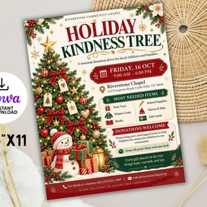 May include: A flyer for a Holiday Kindness Tree donation drive at Riverstone Community Chapel. The design features a decorated Christmas tree, a snowman, and text detailing the event on Friday, October 16, from 9:00 AM to 6:00 PM.