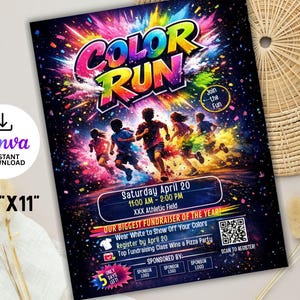 May include: A vibrant flyer for a Color Run event, featuring runners silhouetted against a colorful explosion. The flyer includes event details: Saturday, April 20, 11:00 AM - 2:00 PM, and the size is 8.5" x 11". It promotes wearing white and has a QR code.