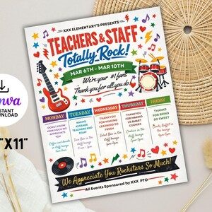 May include: A colorful 8.5" x 11" printable flyer for teachers and staff, with the text "Teachers & Staff Totally Rock!" and a week of appreciation events. Includes a red guitar, drum set, and musical notes.