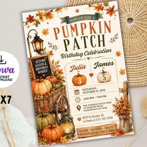 May include: A 5 inch by 7 inch birthday invitation card featuring a pumpkin patch theme with orange pumpkins, a wooden wagon, a lantern, and autumn leaves. The text reads JOIN US FOR A PUMPKIN PATCH BIRTHDAY CELEBRATION, Julia is 3, James is 5.