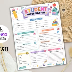 May include: A printable student information form measuring 8.5 inches by 11 inches, featuring a colorful header with the text Student Information, decorated with illustrations of a pencil, apple, backpack, books, and school supplies.