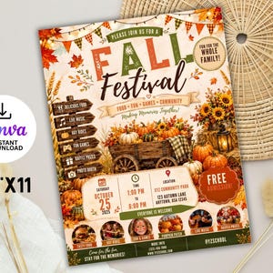 Redigerbar höstfestivalflyermall, höstskördeinbjudan, Thanksgiving-sammankomst, pumpafälts-skolmarknadsflyer (digital nedladdning)