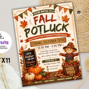 May include: A rectangular 21.6 cm by 27.9 cm Fall Potluck invitation flyer featuring autumn leaves, bunting, a scarecrow, pumpkins, and a chalkboard sign. The text reads: You're Invited to a Fall Potluck, Friday, October 15th, 12:30 PM - 2:30 PM.