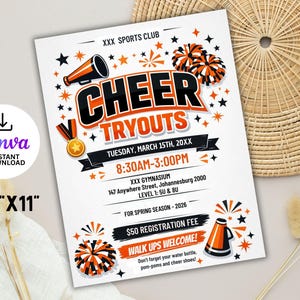 Op de afbeelding: Een witte flyer van 21,6 x 27,9 cm voor cheerleading try-outs. Het ontwerp bevat oranje en zwarte accenten, waaronder een megafoon, sterren en pompons. De tekst bevat de datum, tijd, locatie en inschrijfgeld.
