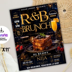 Puede incluir: Un folleto de 21,6 cm por 27,9 cm para un evento de R&B Brunch en Vegas Lounge. El diseño presenta texto dorado sobre un fondo oscuro, una pila de tostadas francesas con bayas, una mimosa y detalles del evento, incluyendo hora y lugar.