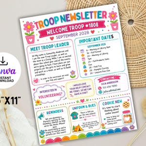 May include: A printable 8.5 inch by 11 inch Troop Newsletter template featuring colorful floral graphics, sections for troop leader information, important dates for September 2028, volunteer requests, reminders, uniform and dues details, and cookie news.