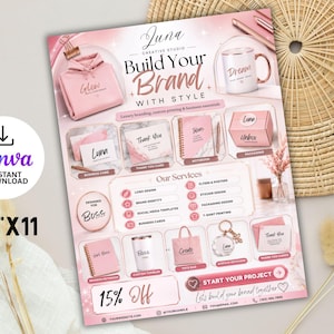 May include: A marketing flyer for Luna Creative Studio titled Build Your Brand With Style, featuring pink and white branding elements, product mockups like a hoodie, mug, and notebook, and a list of services including logo and sticker design.