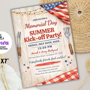 May include: A 5"x7" Memorial Day Summer Kick-off Party invitation. The design features an American flag, grilling tools, and text on a wood-grain background. The invitation includes event details and RSVP information.