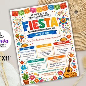 May include: A colorful 8.5" x 11" printable Fiesta-themed flyer for Teacher and Staff Appreciation Week. The design includes maracas, a piñata, a guitar, and a cactus. The text reads "Fiesta" and "Let's Taco bout how awesome you are!"