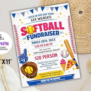 Op de afbeelding: Een softbal fundraiser flyer met een gele softbal afbeelding en de tekst "SOFTBALL FUNDRAISER". De flyer bevat evenementdetails: 18 maart 20XX, 17:00 & 20:00 uur, en de locatie. Het bevat ook een honkbalhandschoen, een schuimvinger en een honkbal.