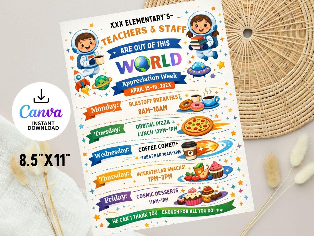 International Theme Teacher Appreciation Week Itinerary Flyer (canva ...