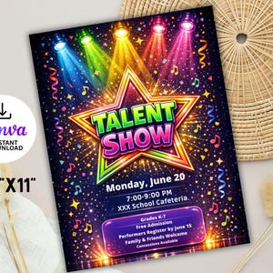 May include: A colourful Talent Show flyer, 21.6cm x 27.9cm, displays a starburst design with the words "TALENT SHOW" in bold, vibrant letters. The flyer includes event details: Monday, June 20, 7:00-9:00 PM, and other information. The Canva Instant Download logo is visible.