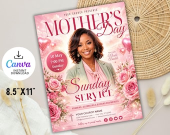 Mothers Day Church Flyer Template-Editable Canva-Sunday Service-Women Ministry-Church Event Celebration-Pink Floral Design-Instant Download