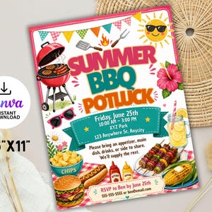Könnte beinhalten: Eine farbenfrohe Einladung im Format 21,6 x 27,9 cm für ein Sommer-BBQ-Potluck. Das Design zeigt einen roten Grill, Sonnenbrillen und Essensillustrationen. Der Text enthält "Summer BBQ Potluck" und Veranstaltungsdetails. Sofort-Download.