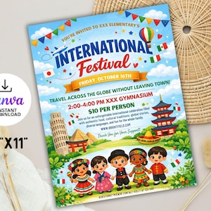 Pode incluir: Um folheto colorido para um Festival Internacional, com ilustrações de marcos e crianças em trajes tradicionais. O folheto inclui o texto "International Festival" e detalhes do evento. O folheto mede 21,6 cm x 27,9 cm.