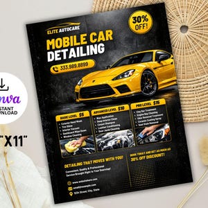 May include: A promotional flyer for Elite Autocare mobile car detailing, showcasing a yellow sports car. The flyer details service levels and a 30% discount. The flyer is 21.6 cm x 27.9 cm and available for instant download.
