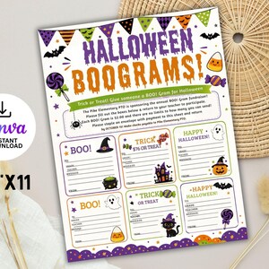 May include: A printable 8.5 inch by 11 inch Halloween Boograms flyer featuring purple and orange text, festive bunting, and illustrations of ghosts, pumpkins, bats, and candy. The form includes sections for messages, teacher names, and grades.