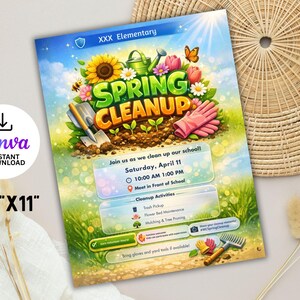 May include: A colourful flyer for a school spring cleanup event. The design features the words "Spring Cleanup" with gardening tools, flowers, and a butterfly. The flyer includes the date, time, and activities. The flyer is 21.6 cm x 27.9 cm.