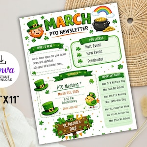St. Patrick's Day March Newsletter Template | Editable School PTO PTA Canva (Digital Download)