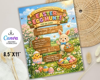 May include: An 8.5" x 11" Easter Egg Hunt flyer with a cartoon bunny holding a basket of eggs. The flyer includes the text "Easter Egg Hunt! Hop on Over!" and event details. A chick hatches from an egg. Canva instant download.
