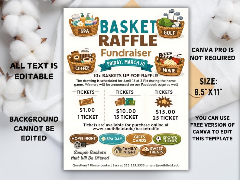 Editable Basket Raffle Flyer Template, School Fundraiser (canva ...