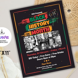 May include: Black History Month event flyer, 8.5" x 11", featuring portraits of historical figures. The design includes the text "BLACK HISTORY MONTH" in green and orange, with event details and the Canva logo.