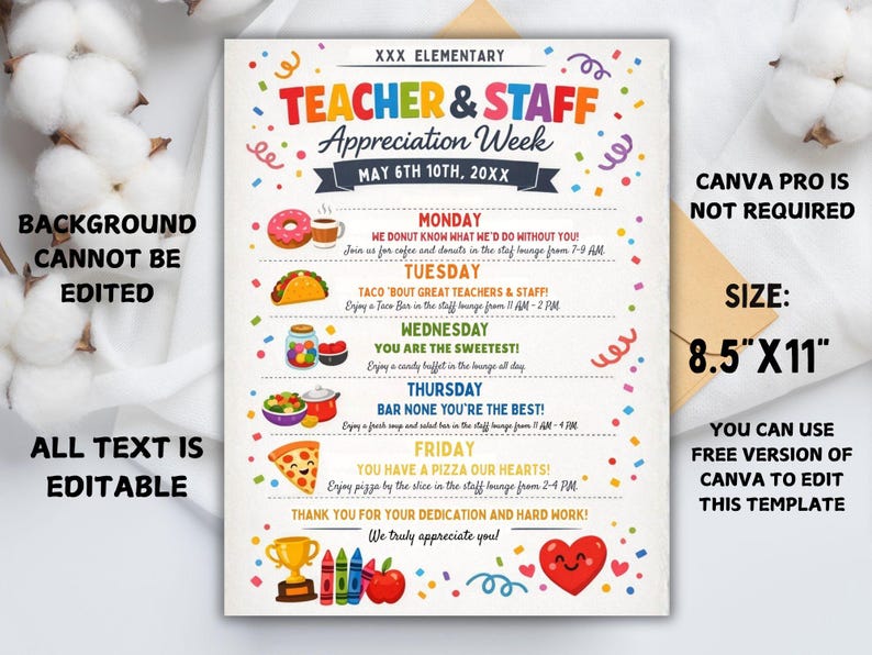 Editable Teacher & Staff Appreciation Week Itinerary Flyer (canva ...