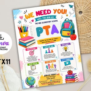 Puede incluir: Un folleto de 21,6 cm por 27,9 cm para la PTA de la escuela primaria ABC. El diseño colorido presenta útiles escolares como una mochila, libros, lápices y un globo terráqueo, con secciones tituladas Our Mission, Who We Are, Why Join, What We Do.