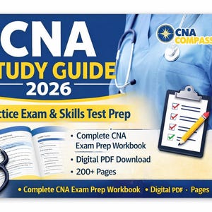 Può includere: Guida allo studio CNA 2026 blu e gialla con il testo "Practice Exam & Skills Test Prep". L'immagine include uno stetoscopio, un libro aperto e un blocco per appunti con una matita. La guida è per la preparazione all'esame CNA.