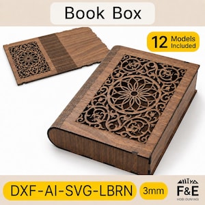 Può includere: Una scatola a forma di libro in legno con un motivo floreale tagliato al laser sul coperchio. Il set include 12 modelli in formati DXF, AI, SVG e LBRN per materiale da 3mm. Il design presenta una forma rettangolare con dorso arrotondato.