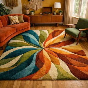 6x9 8x9 Mid Century Modern Swirl Rug, Hand Tufted Wool Area Rug Retro Abstract Spiral Carpet, Teal Orange Green Living Room Rug Custom Size