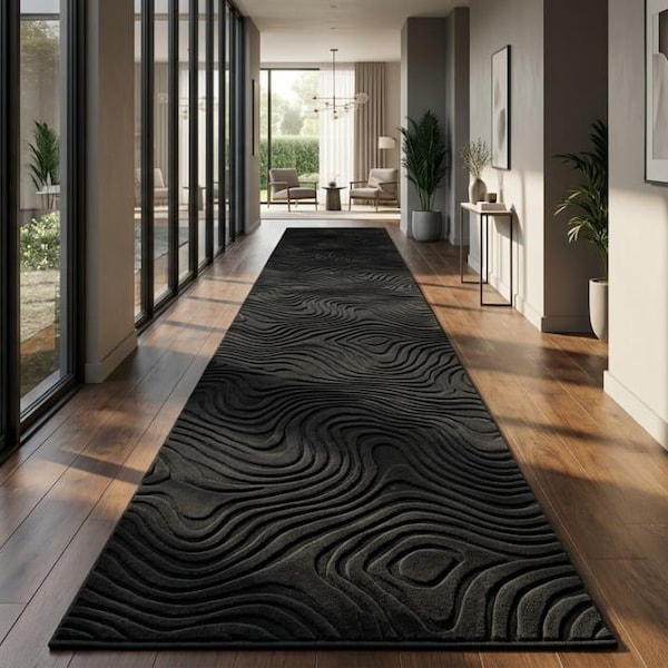 Alfombra de lujo negra con diseño abstracto de ondas de 3x40, alfombra de lana tejida a mano, alfombra larga para pasillo, alfombra con textura topográfica, alfombra larga para pasillo de tamaño personalizado.