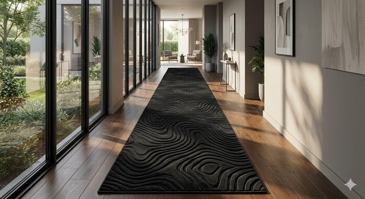 3x40 Luxury Black Abstract Wave Rug, Hand Tufted Wool Runner Rug, Long ...