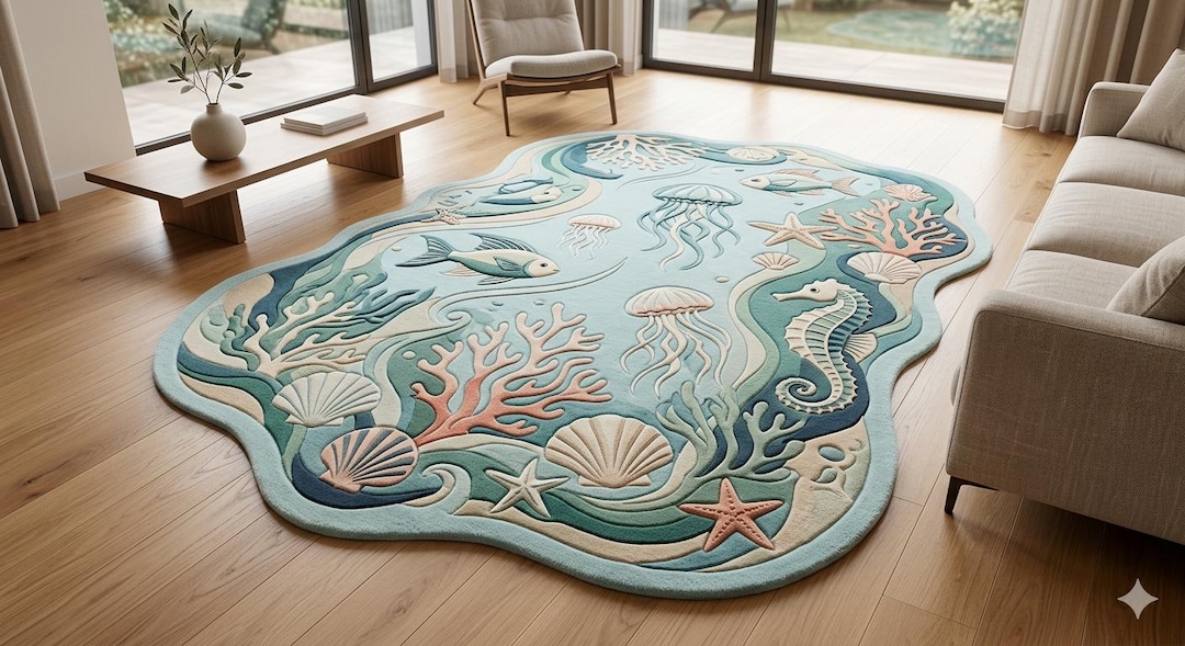 Luxury Ocean Theme Tufted Rug 3D Carved Sea Life Area Rug Coastal Coral ...