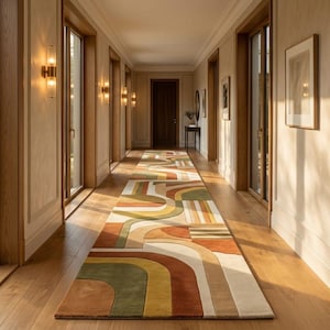 Puede incluir: Un largo pasillo con una alfombra colorida. La alfombra presenta un diseño geométrico con líneas curvas en tonos marrón, naranja, verde y crema. El pasillo tiene pisos de madera, grandes ventanas y apliques de pared.