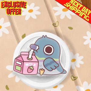 Drinking Milk Bird MagSafe Phone Grip, Cartoon Bird Milk Box Grip, Pastel Animal E-Reader Stand, Gift for Bird Lovers