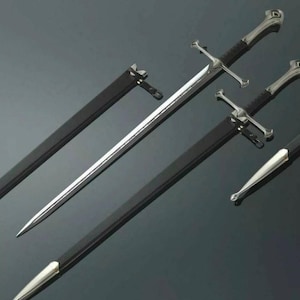 May include: Three swords with sheaths are shown. The swords have silver blades and cross-shaped hilts. The handles are black, and the sheaths are black with silver accents. The swords are positioned at various angles, highlighting their design.