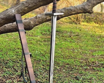 Espada larga medieval forjada a mano con vaina – Espada coleccionable de acero al carbono para exhibición y cosplay