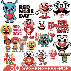 Op de afbeelding: Een verzameling kleurrijke cartoon illustraties en tekst gerelateerd aan Red Nose Day 2026. De afbeeldingen bevatten verschillende karakters met rode neuzen, harten en het logo van het evenement. Formaten: SVG, PNG, EPS en PDF.