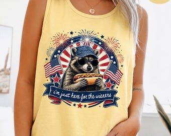 Patriotic Raccoon Tank Top, Im Just Here For The Wieners, USA Hot Dog Tank, Funny 4th of July Tank, Fourth Of July Graphic Tank