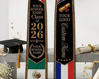 Custom Printed Three Flags Graduation Stole 2026, Personalized Mexico El Salvador USA Mixed Flag,  Triple Country Graduation Stole