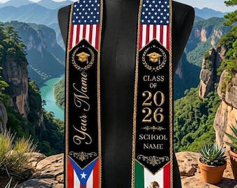 Custom Printed Three Flags Graduation Stole 2026,  Class Of 2026 Mixed Flag Grad Sash with Name, Triple Country Graduation Stole