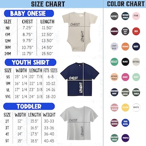 May include: A size and color chart for apparel featuring a baby onesie, a youth shirt, and a toddler shirt. The chart includes tables with measurements in inches for chest, width, and length, alongside a grid of twenty-four circular color swatches.